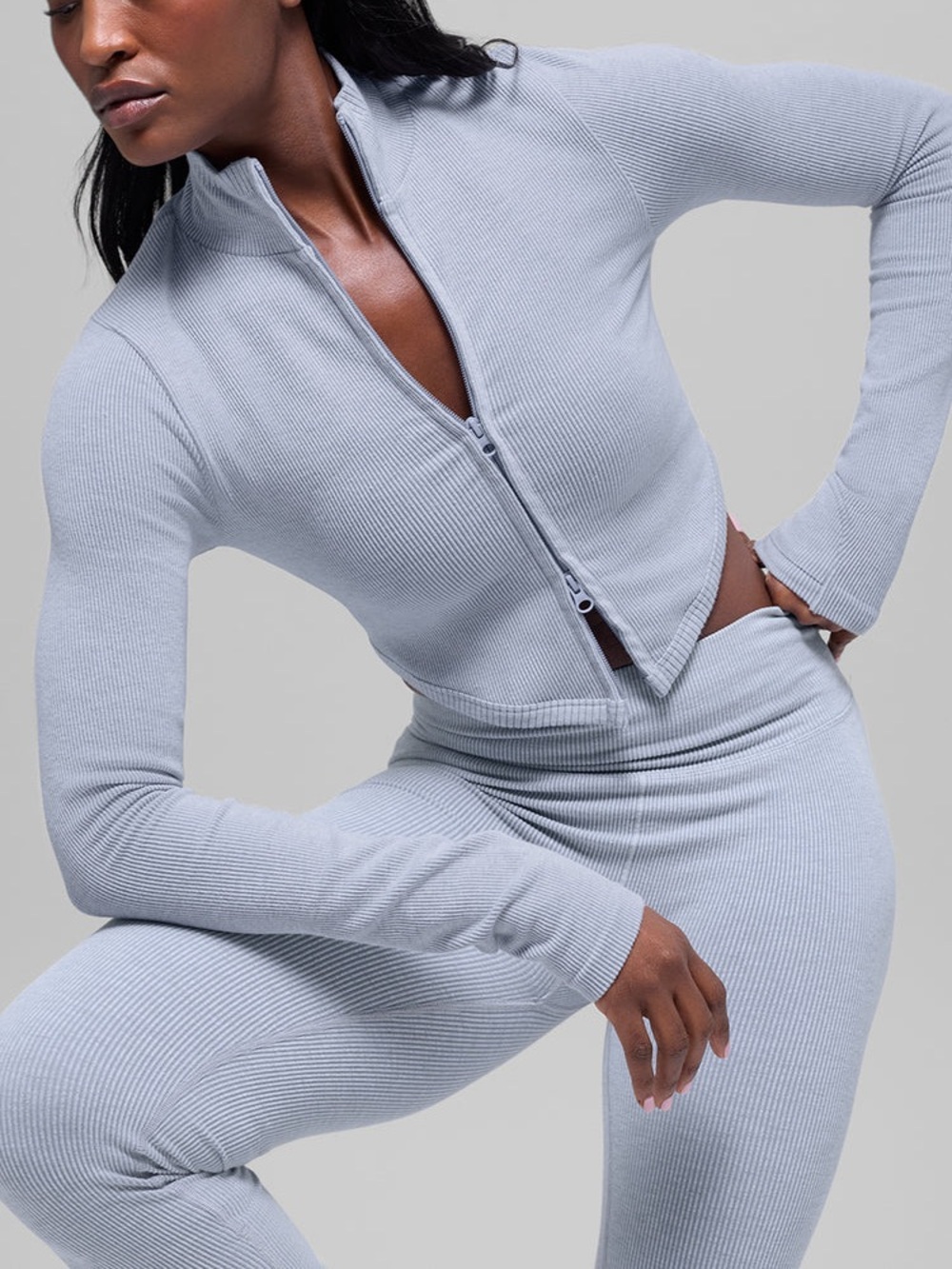 Alo Yoga Seamless Two Tone Rib Jacket Winter Frost Heather size XS NWOT